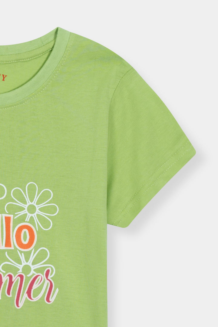 Green 'Hello Summer' Graphic Tee with Floral Design Reality