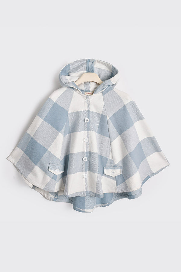 Sky Blue Plaid Corduroy Hooded Cape