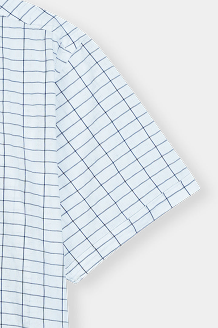 White and Blue Grid-Check Short Sleeve Button-Down Shirt Reality