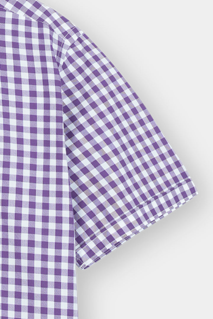 Purple Gingham Checkered Short Sleeve Button-Down Shirt Reality