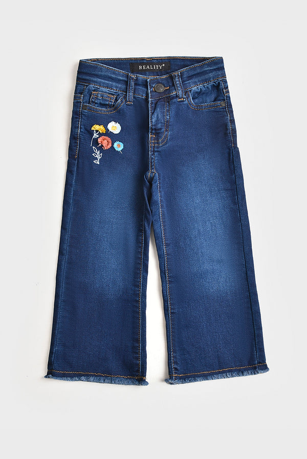 Embroidered  Mid Blue Flared Jeans