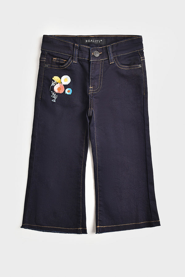 Embroidered  Dark Blue Flared Jeans