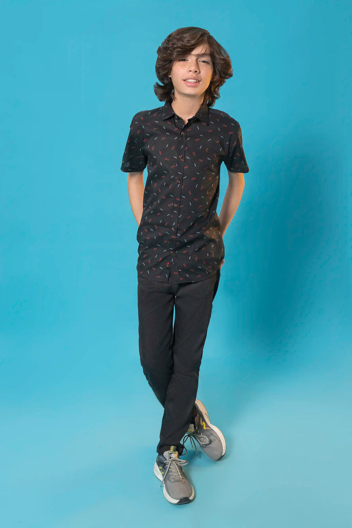 PRINTED H/S CASUAL BLACK SHIRT Reality