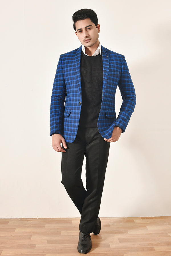 Royal Blue Checkered Casual Blazer REALITY