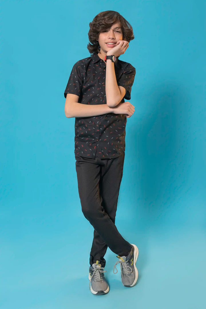 PRINTED H/S CASUAL BLACK SHIRT Reality