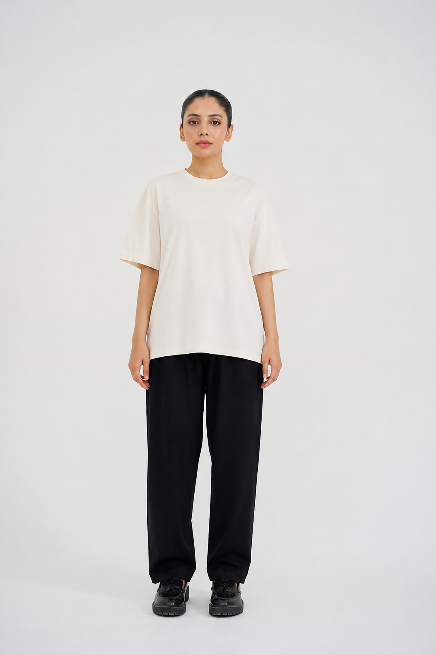 LADIES DOWN SHOULDER CREAM T-SHIRT