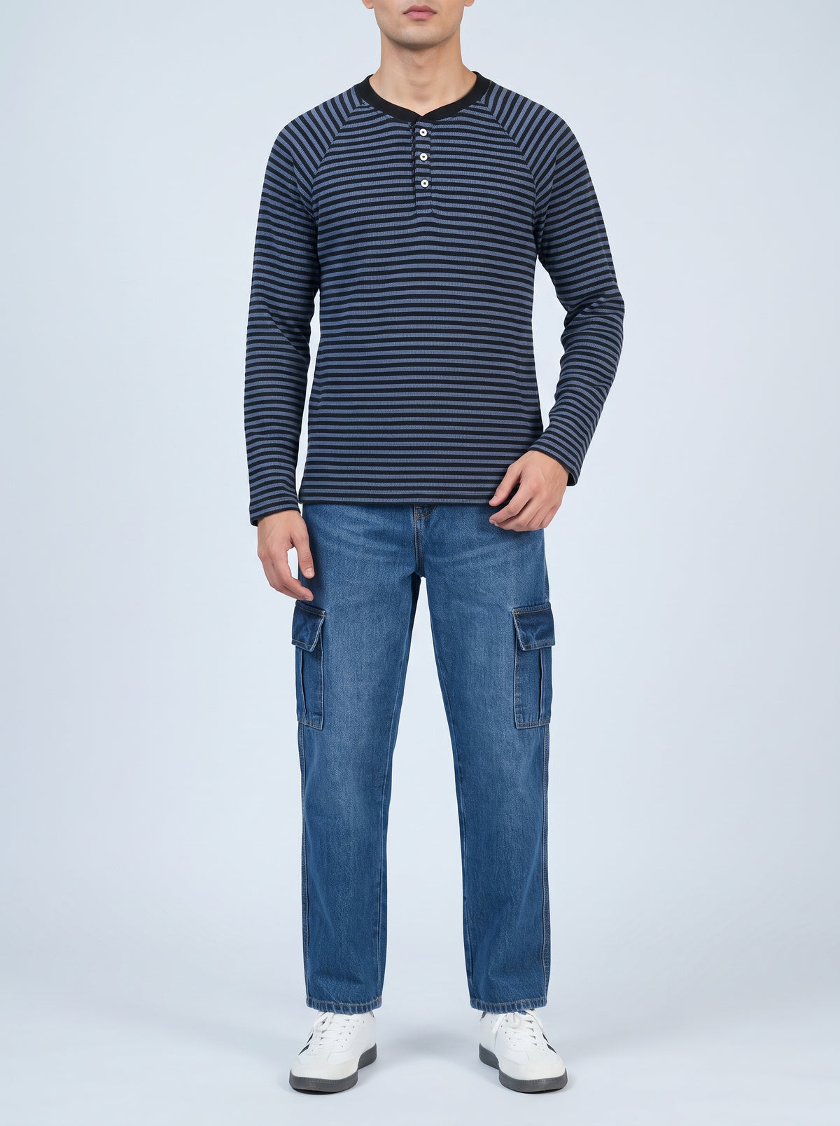 Henley Neck Waffle Tee - Navy