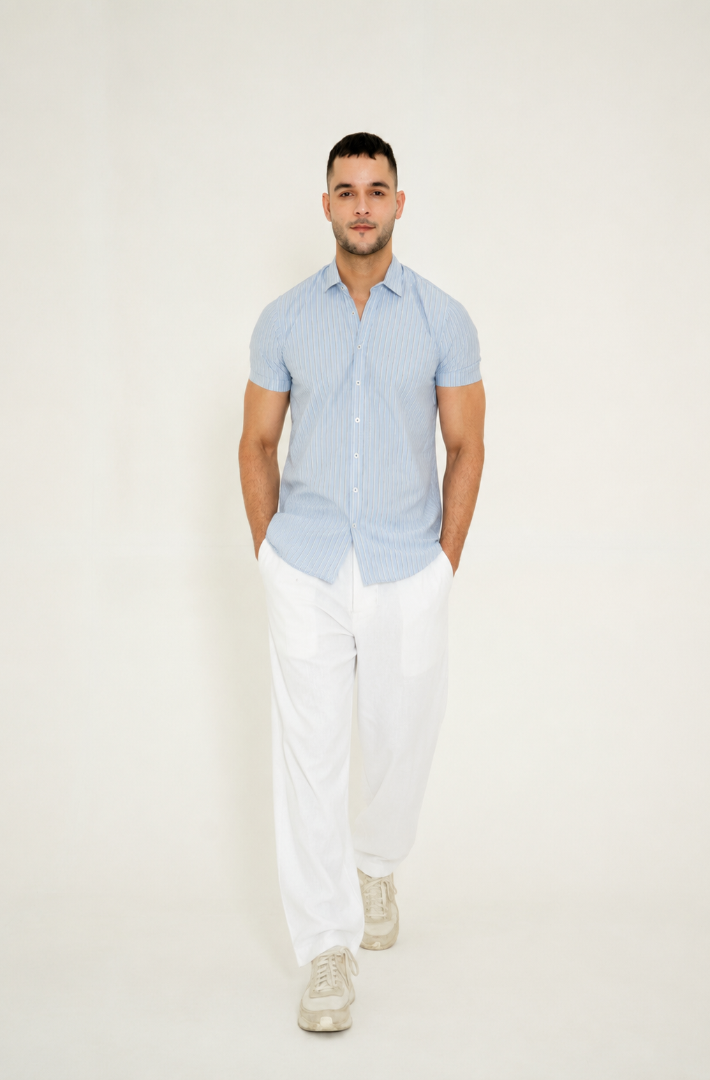 LIGHT BLUE LINE STRIPED H/S CASUAL SHIRT Reality