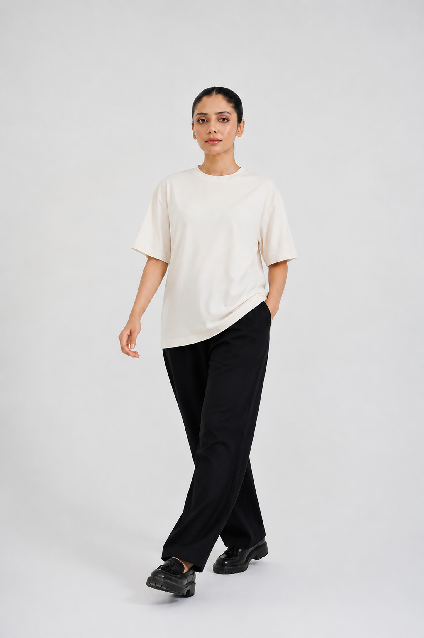 LADIES DOWN SHOULDER CREAM T-SHIRT