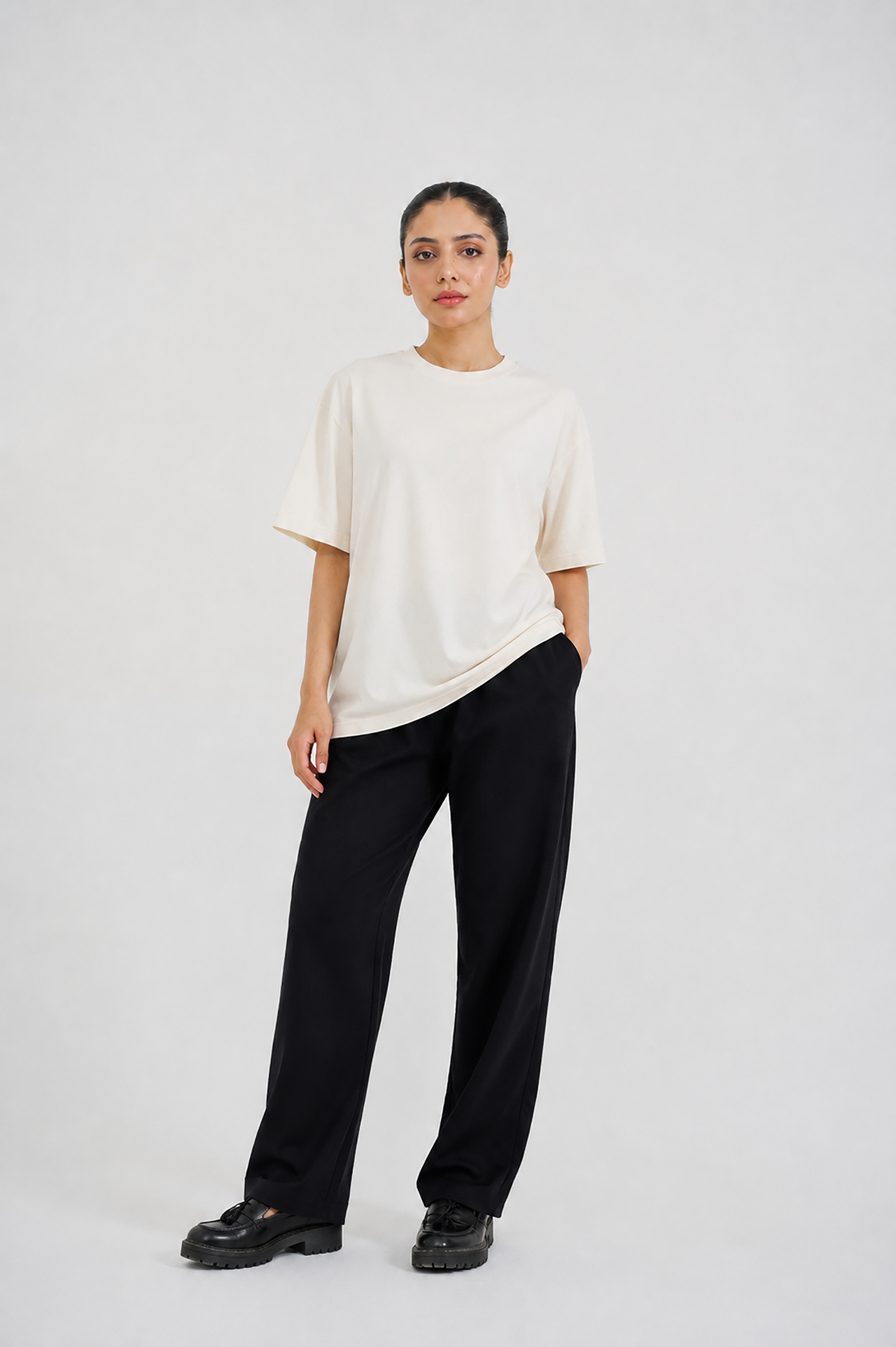 LADIES DOWN SHOULDER CREAM T-SHIRT