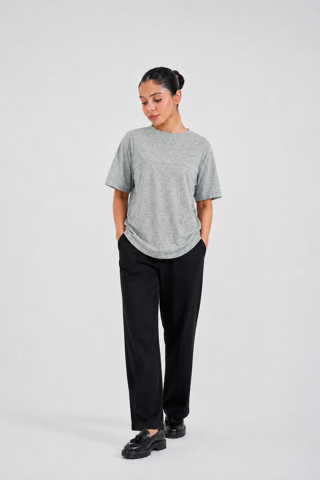 LADIES DOWN SHOULDER GRAY T-SHIRT