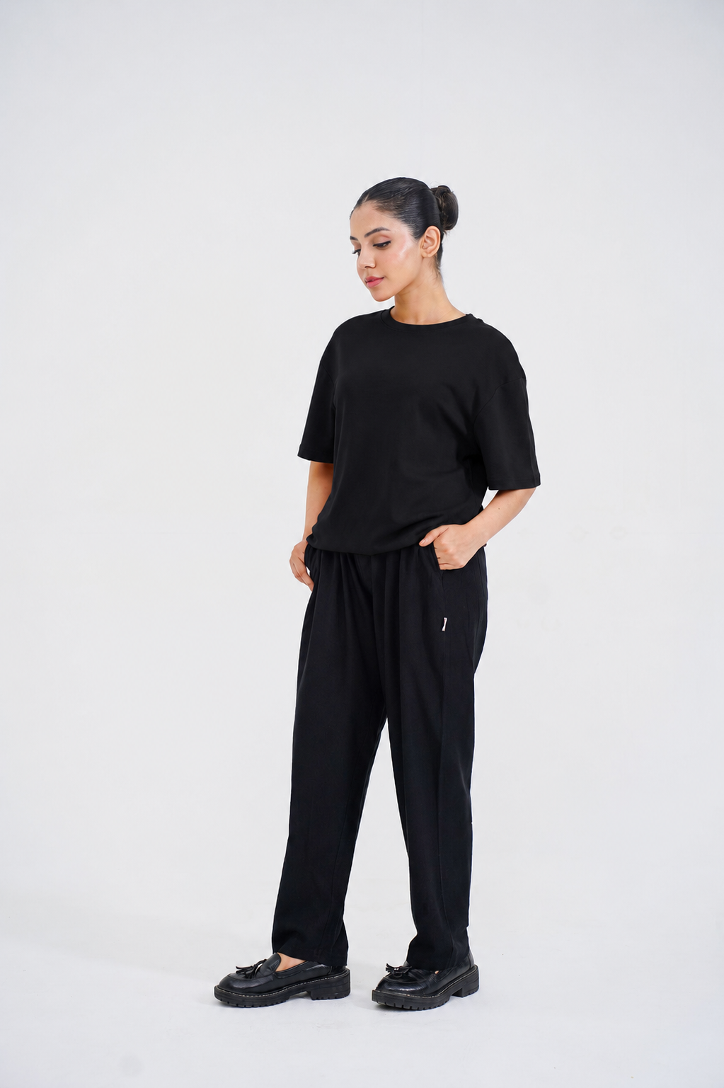 LADIES DOWN SHOULDER BLACK T-SHIRT