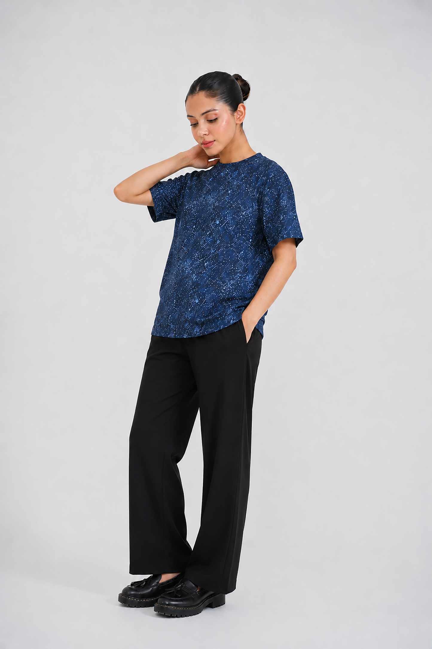 LADIES DOWN SHOULDER NAVY T-SHIRT