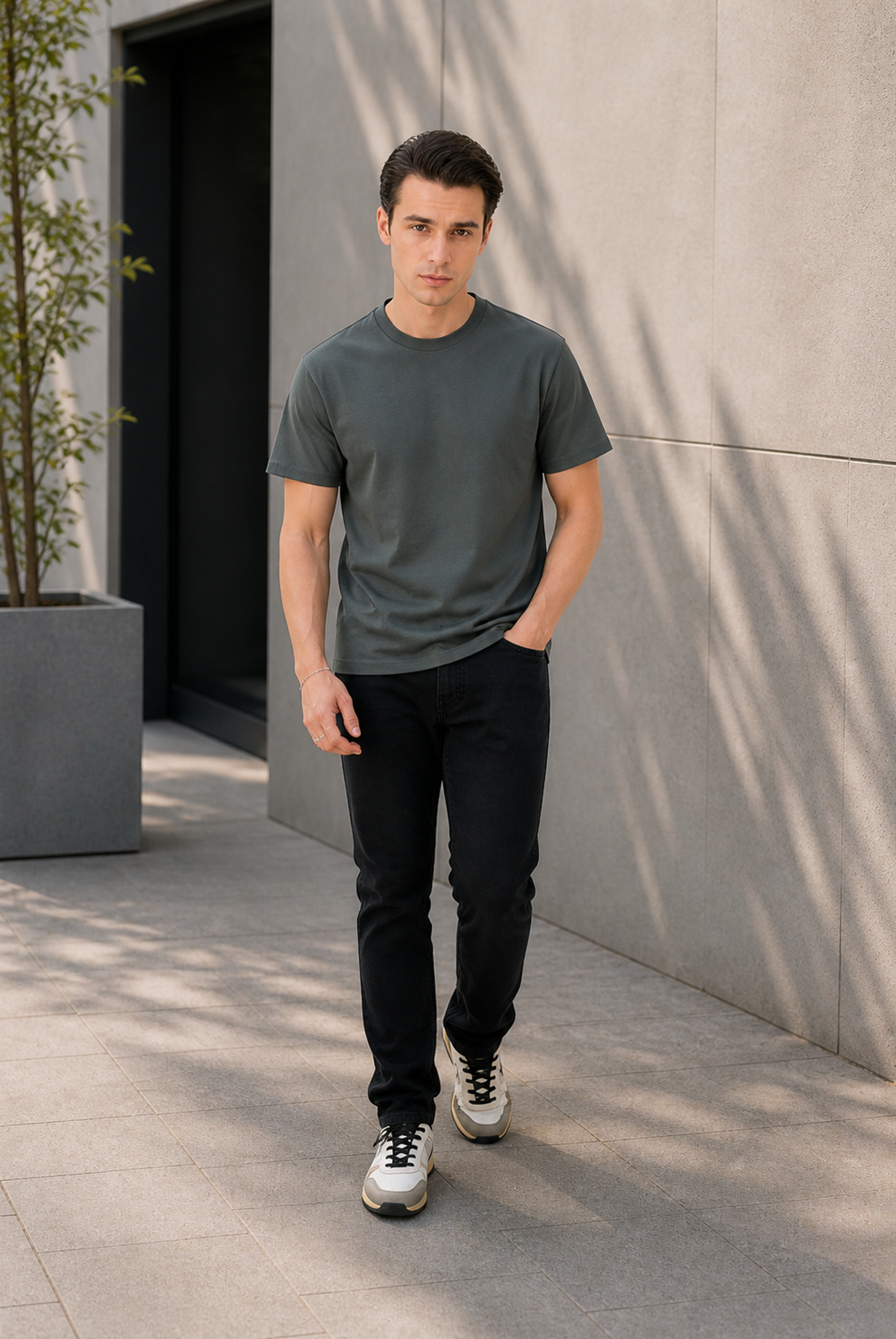 MEN ARMY GREEN DOWN SHOULDER T-SHIRT Reality