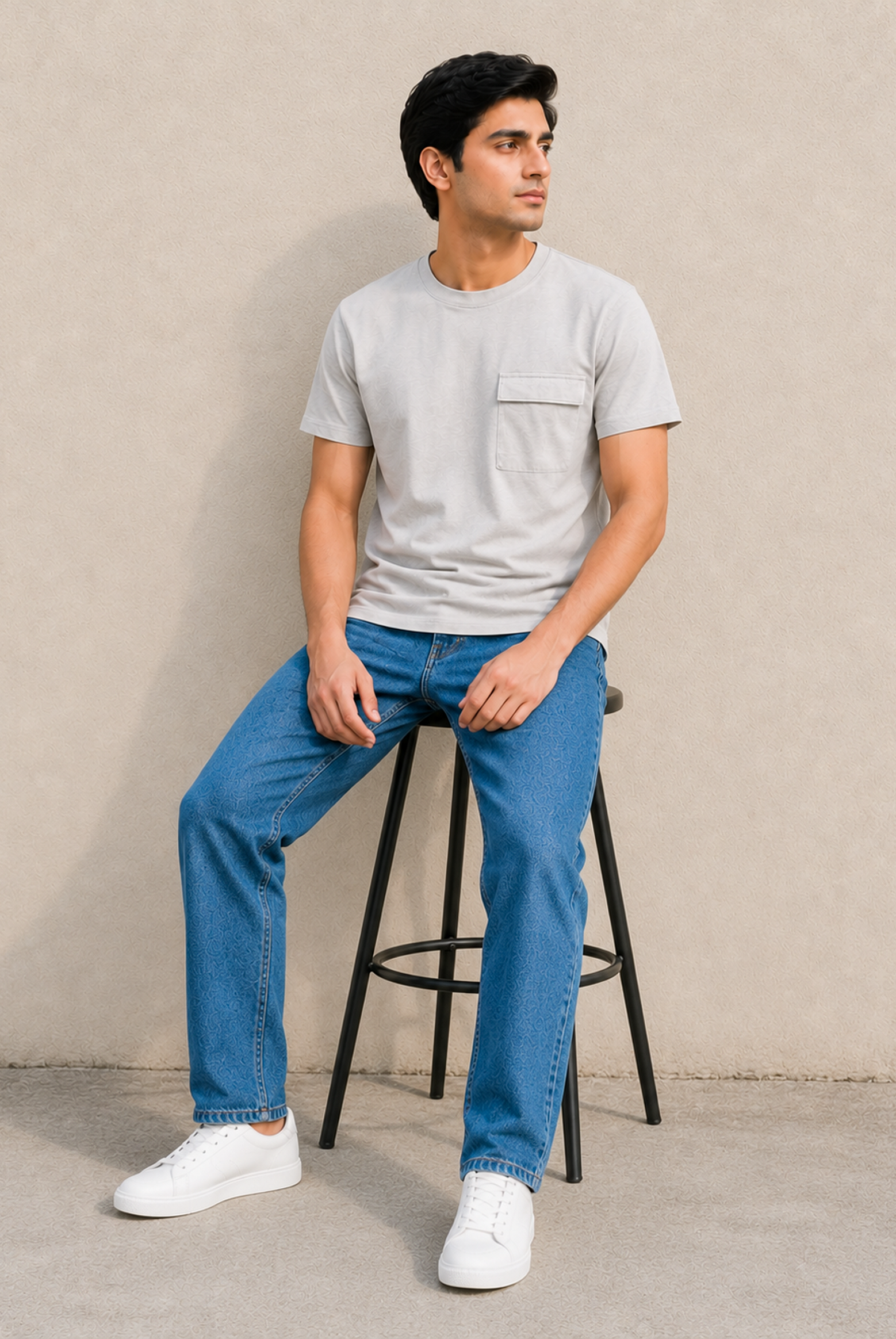 MEN DROP SHOULDER LIGHT GRAY PRINTED T-SHIRT Reality