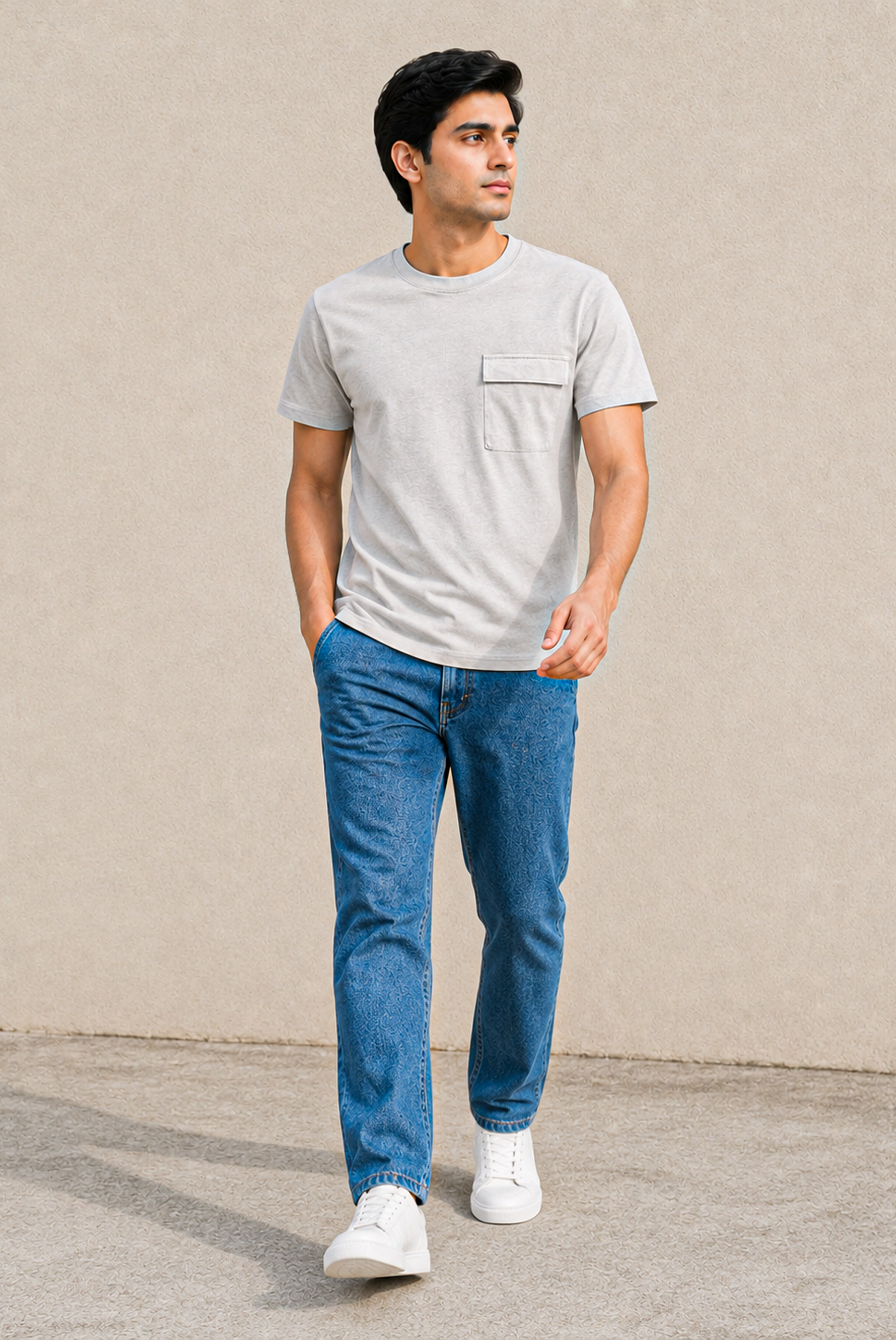 MEN DROP SHOULDER LIGHT GRAY PRINTED T-SHIRT Reality