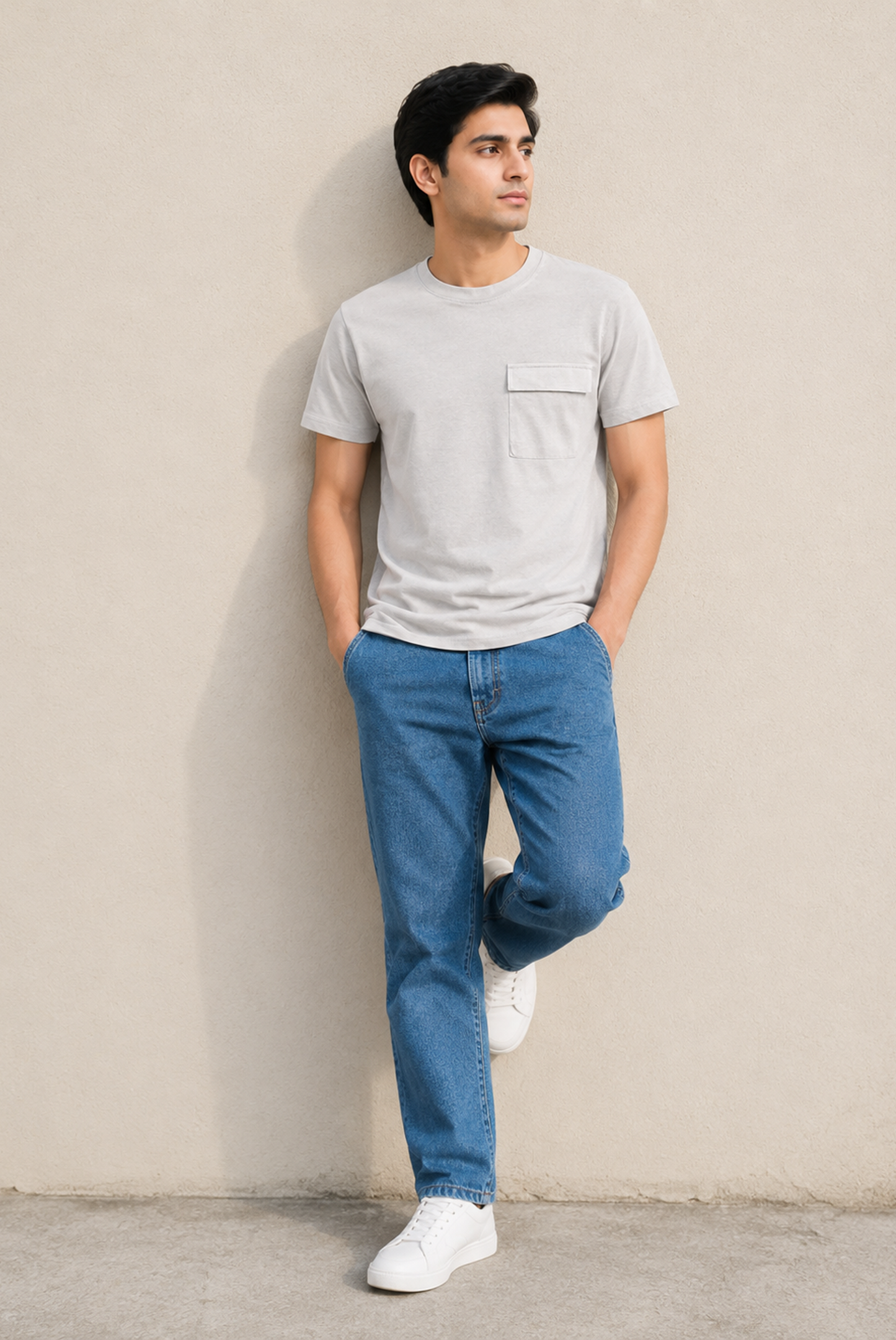 MEN DROP SHOULDER LIGHT GRAY PRINTED T-SHIRT Reality