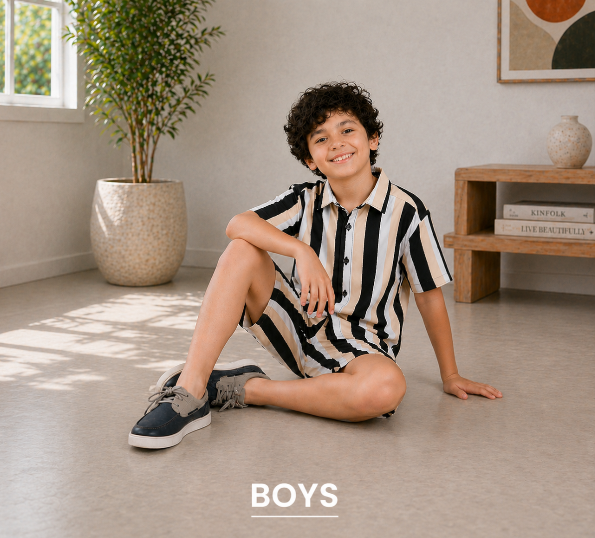 Child sitting on the floor wearing a black and white striped outfit with 'BOYS' text at the bottom.