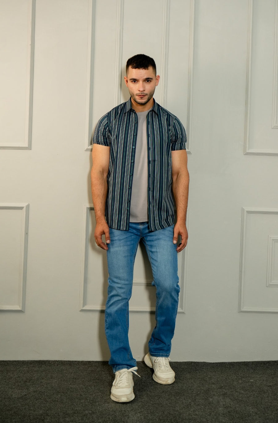 NAVY STRIPED H/S CASUAL SHIRT Reality