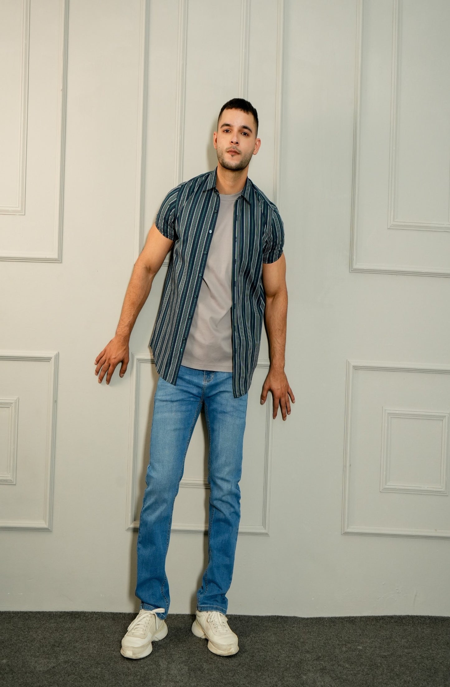 NAVY STRIPED H/S CASUAL SHIRT