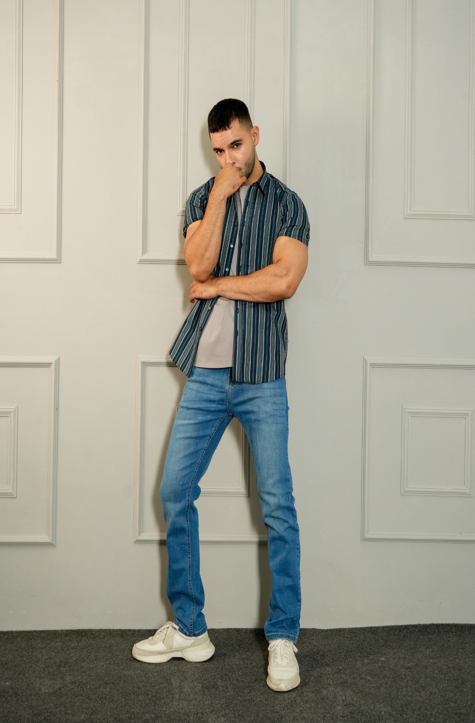 NAVY STRIPED H/S CASUAL SHIRT