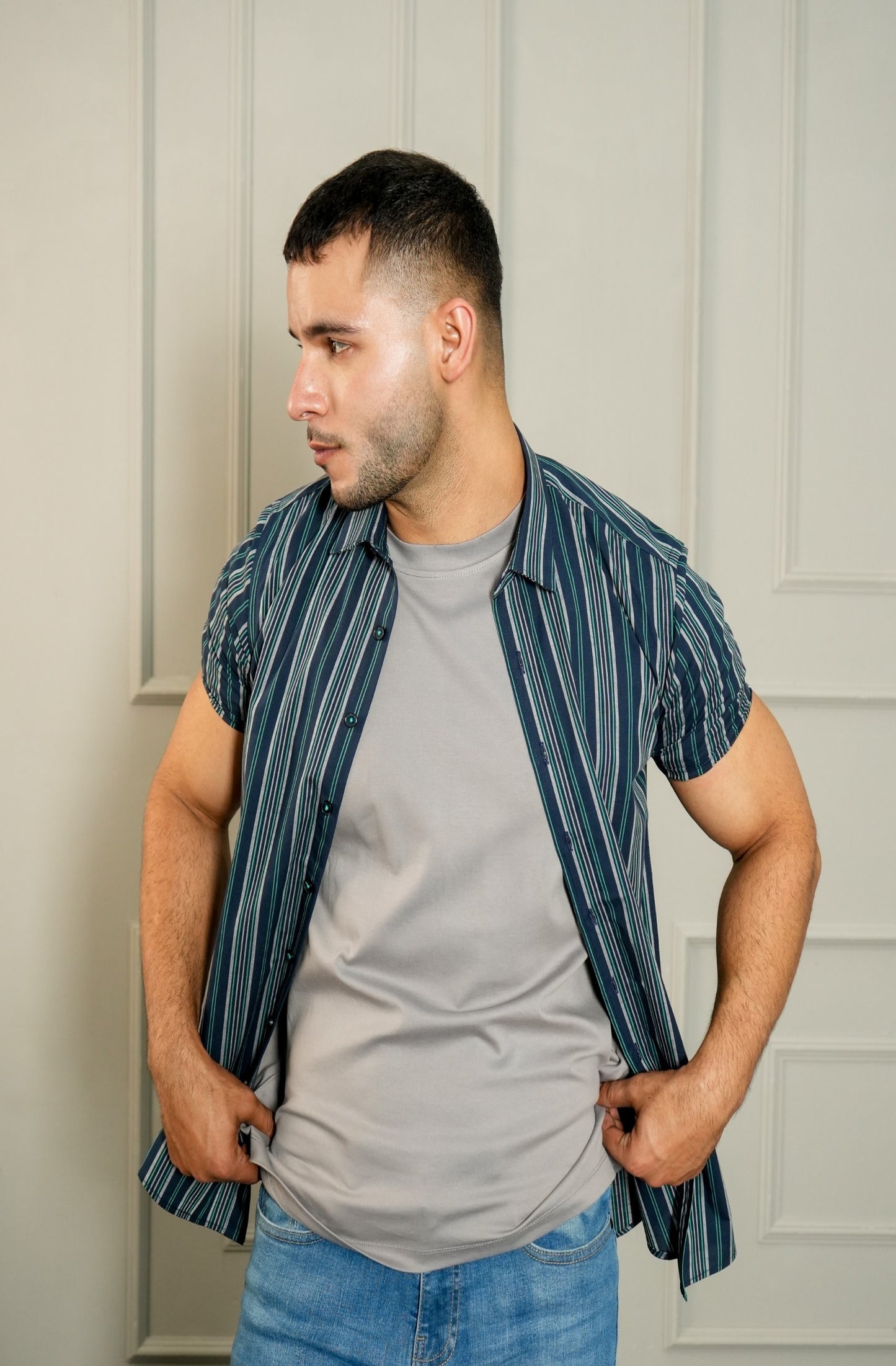 NAVY STRIPED H/S CASUAL SHIRT