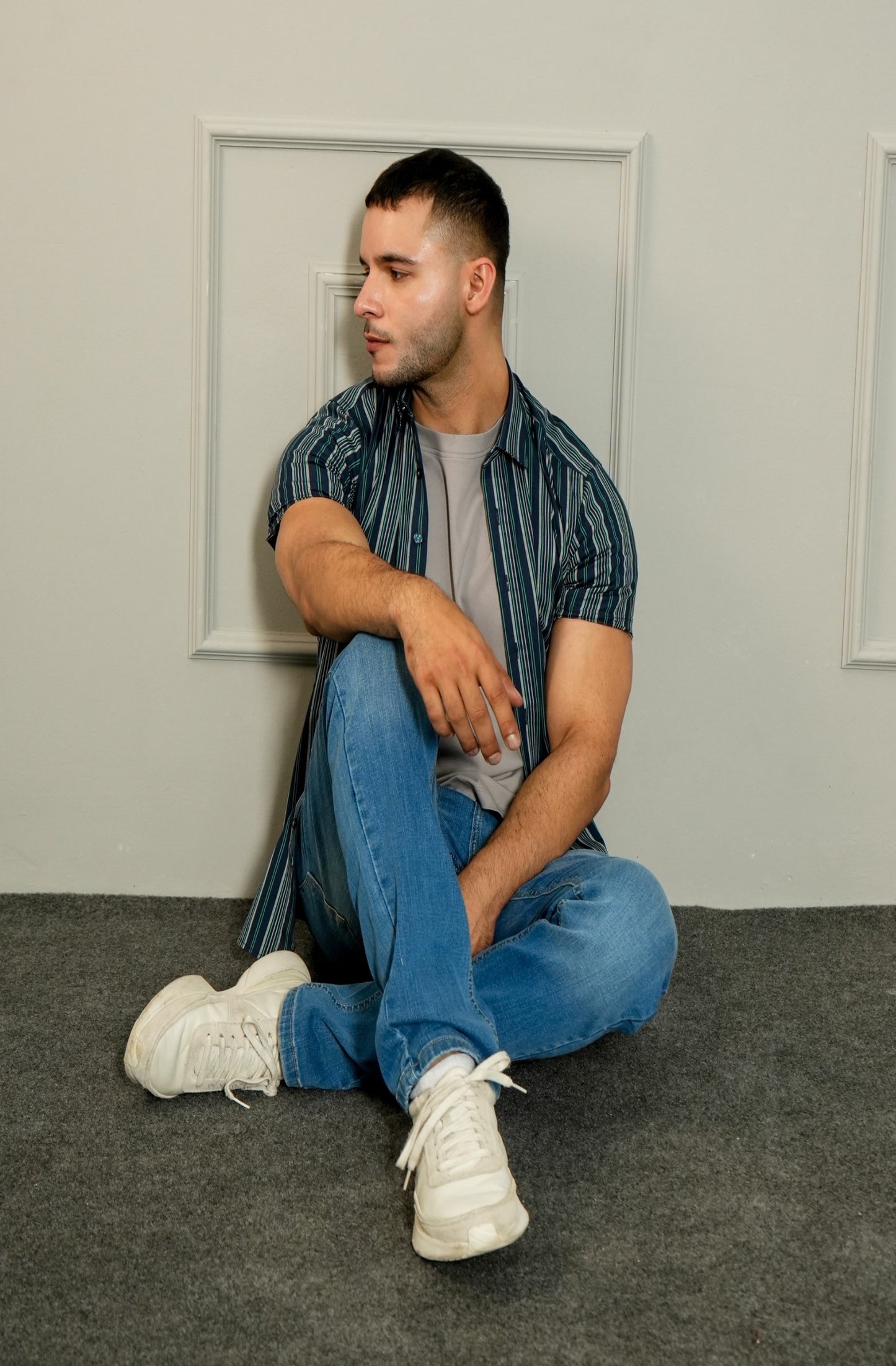 NAVY STRIPED H/S CASUAL SHIRT