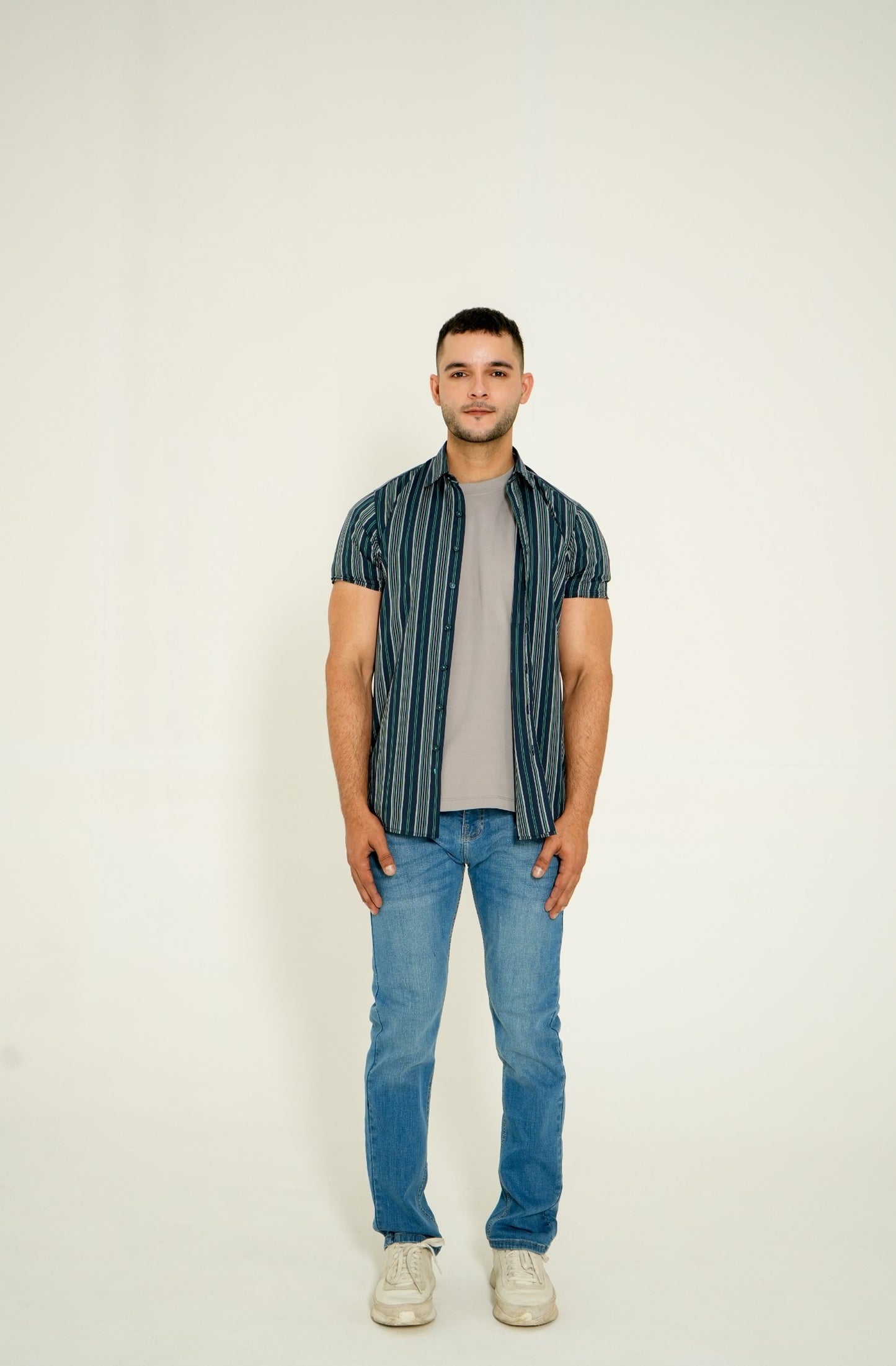 NAVY STRIPED H/S CASUAL SHIRT
