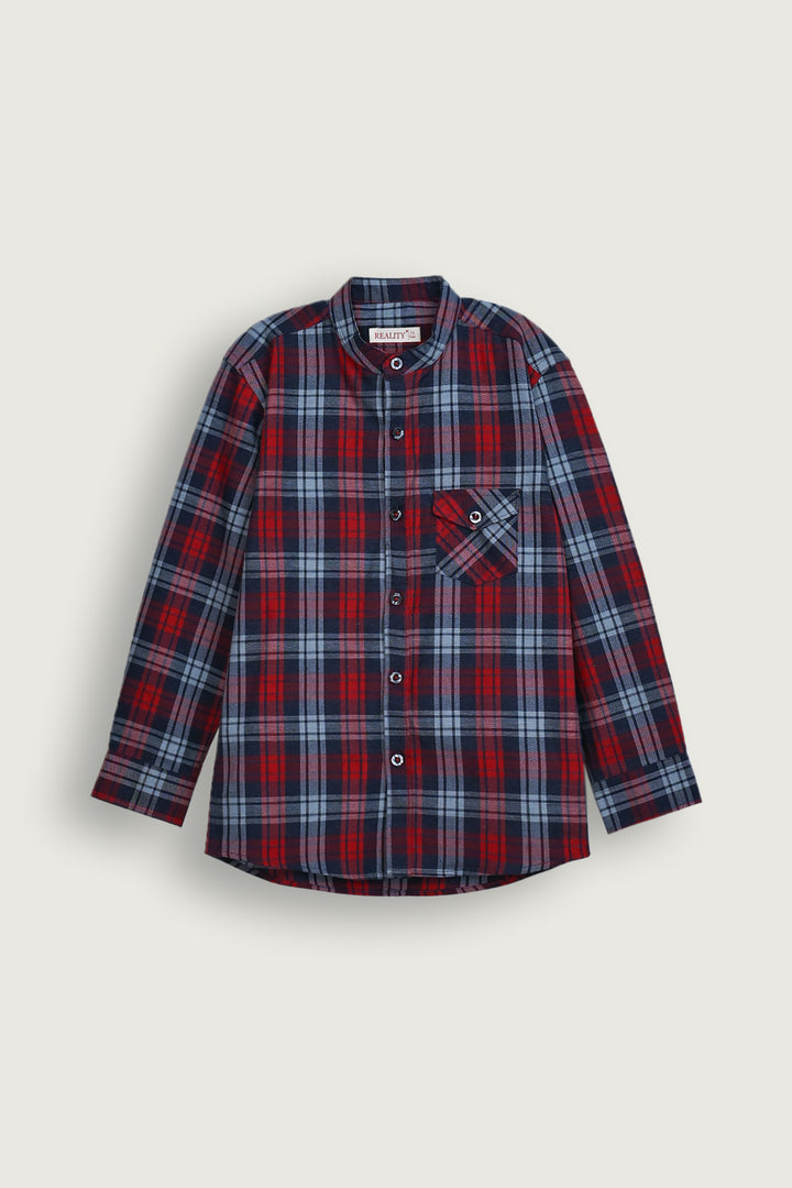 Maroon Check Band Collar Shirt Reality
