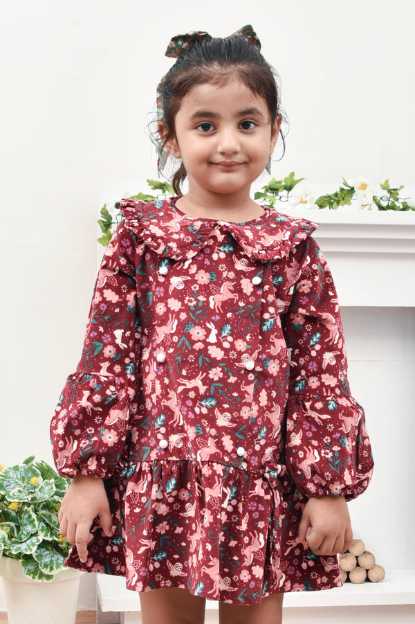 Girls' Maroon Floral Corduroy Top