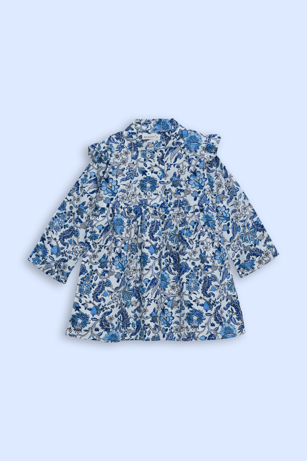 Girls' Long Sleeve Floral Ruffle Dress – Blue & White Reality
