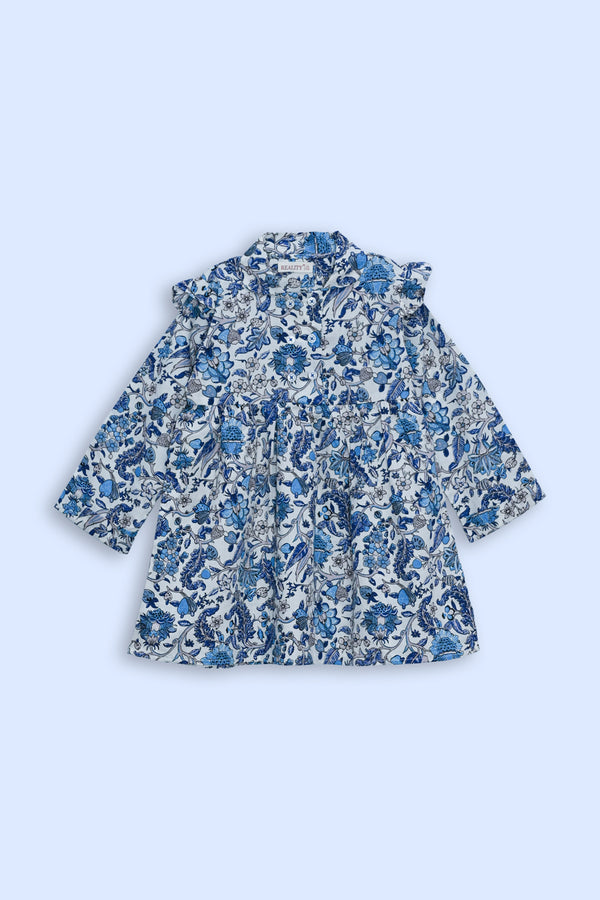 Girls' Long Sleeve Floral Ruffle Dress – Blue & White Reality