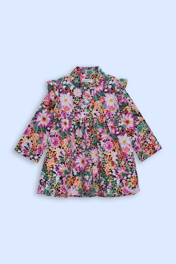 Girls' Floral Print Long Sleeve Dress with Ruffle Shoulder Detail and Button Front - Multicolor Reality