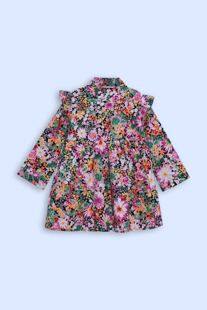 Girls' Floral Print Long Sleeve Dress with Ruffle Shoulder Detail and Button Front - Multicolor Reality
