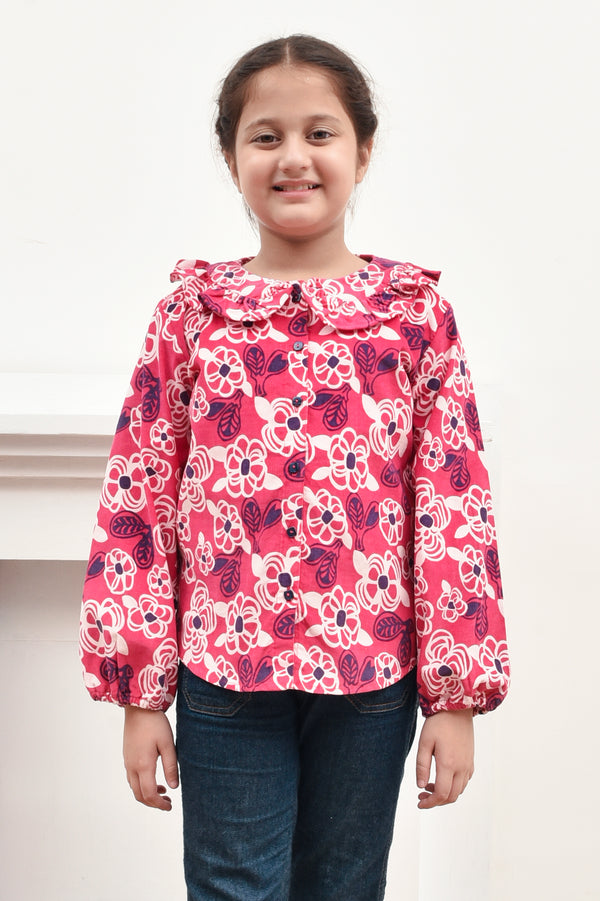 Shocking Pink Floral Ruffle Top