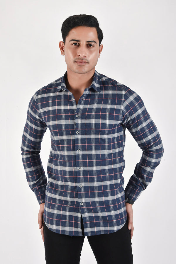 Navy Blue Checked Flannel Casual Shirt