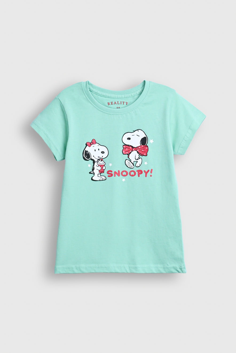 Mint Green Snoopy Graphic Tee for Kids – Cute Cartoon Print with Red Bows Reality