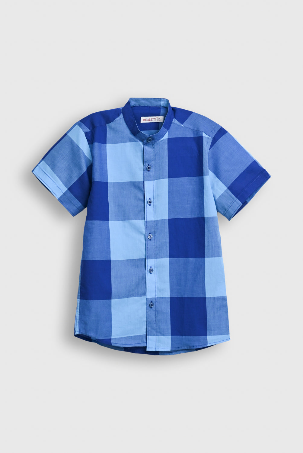Boys Blue Checkered Band Collar Shirt – Short Sleeve Reality