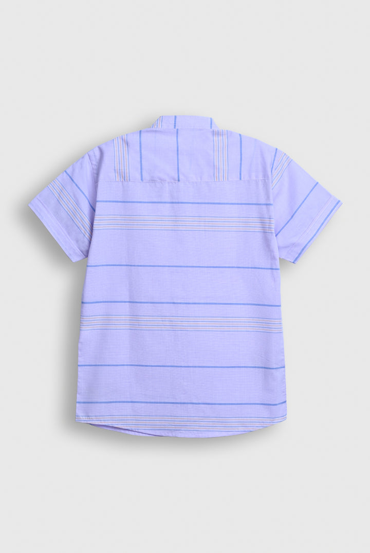 Boys Light Blue Striped Band Collar Shirt – Short Sleeve Reality