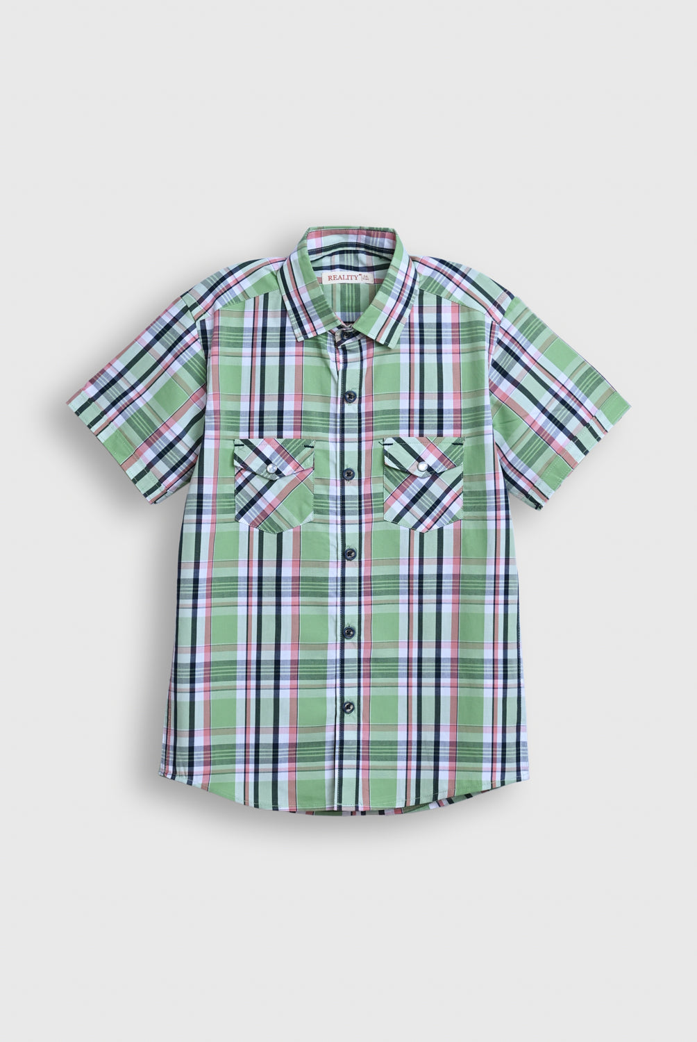 Boys Green Checkered Button-Down Shirt – Short Sleeve Reality