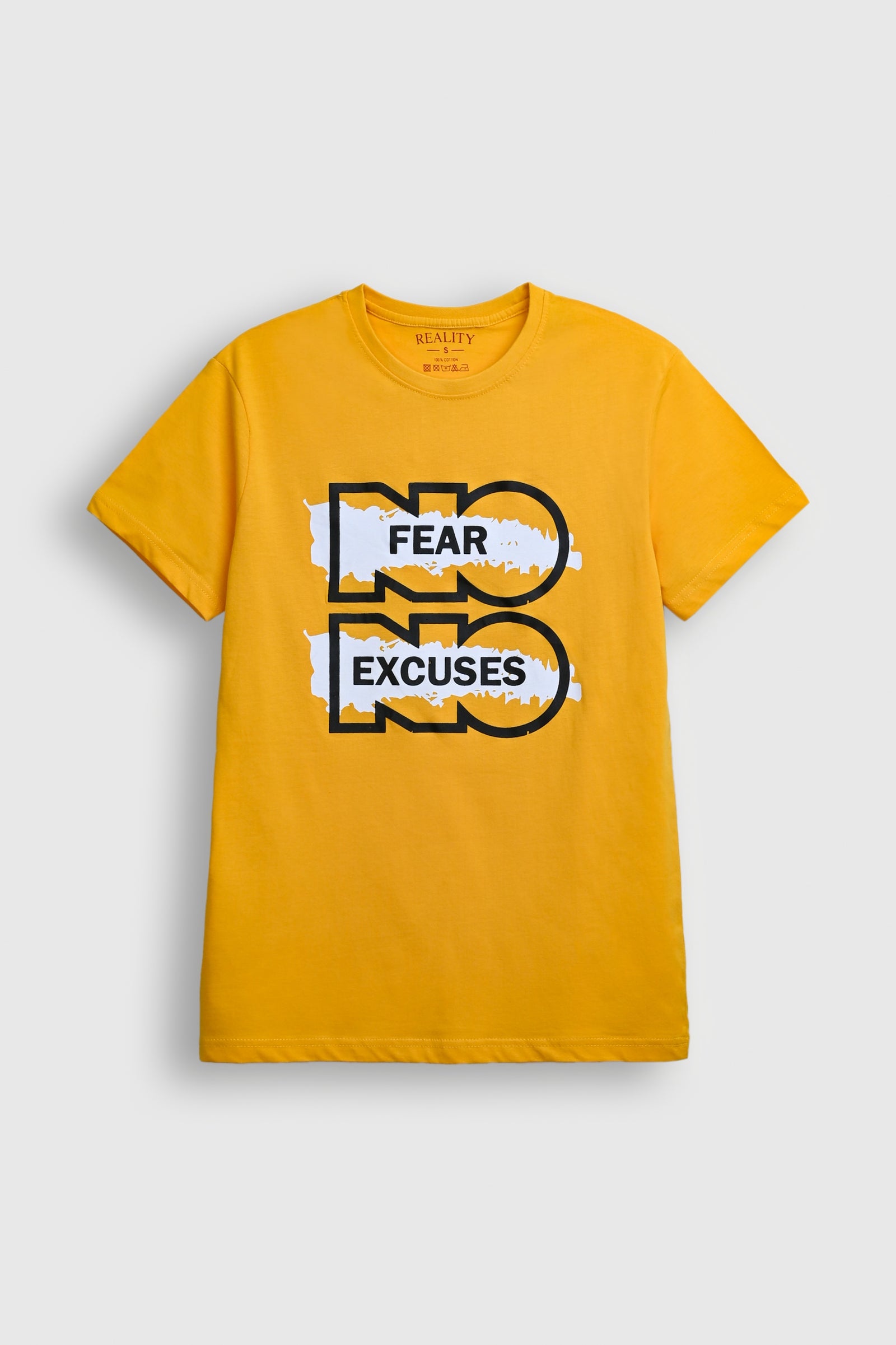 Yellow 'No Fear No Excuses' Motivational Graphic T-Shirt – Unisex Fit Reality