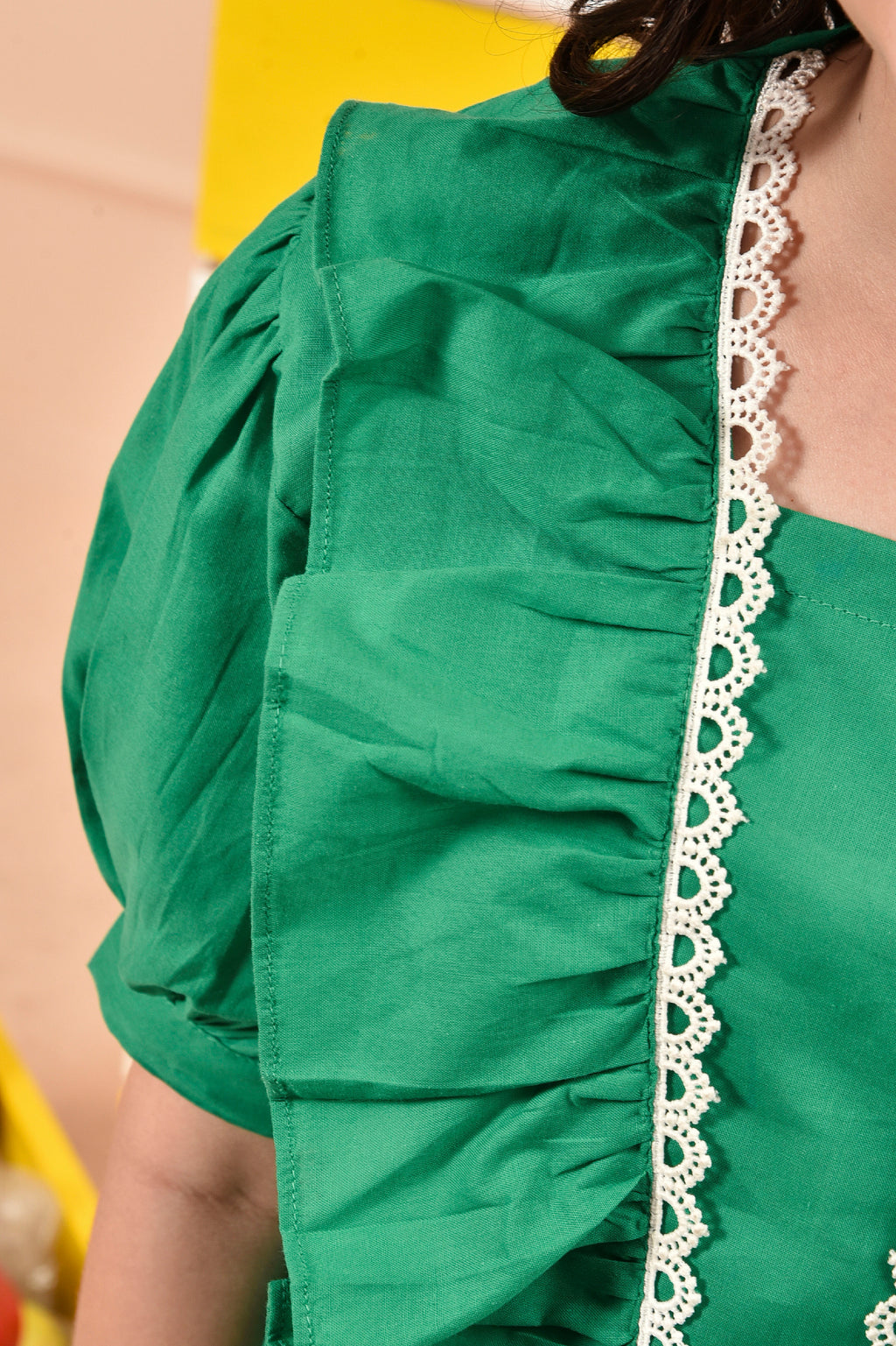 Green Ruffled Cotton Jumpsuit Reality