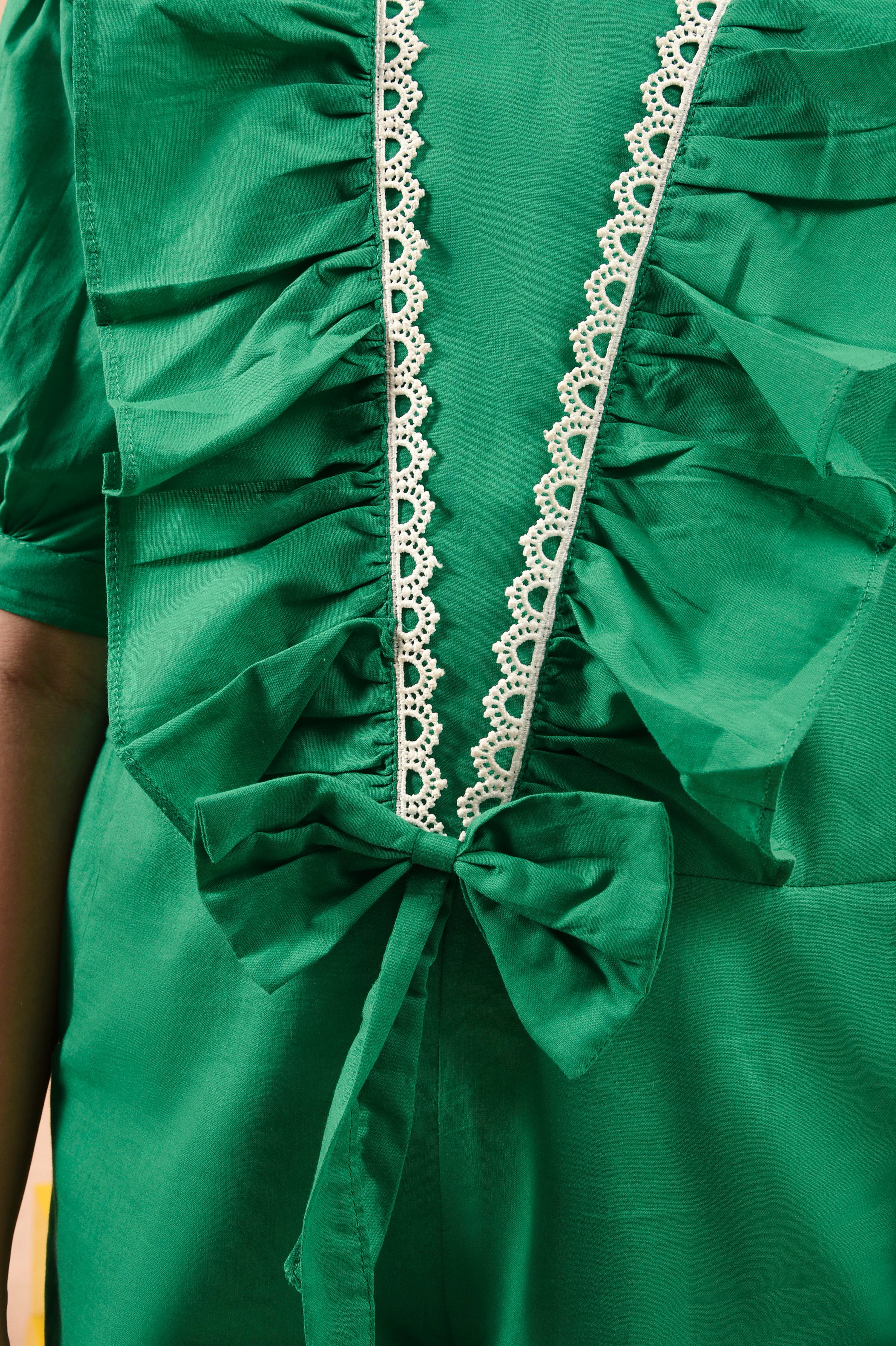 Green Ruffled Cotton Jumpsuit Reality