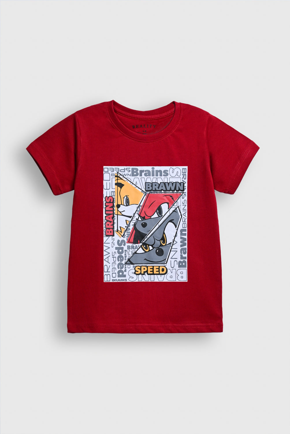 Boys Red Graphic Tee with Sonic Characters – Brains, Brawn & Speed Design Reality