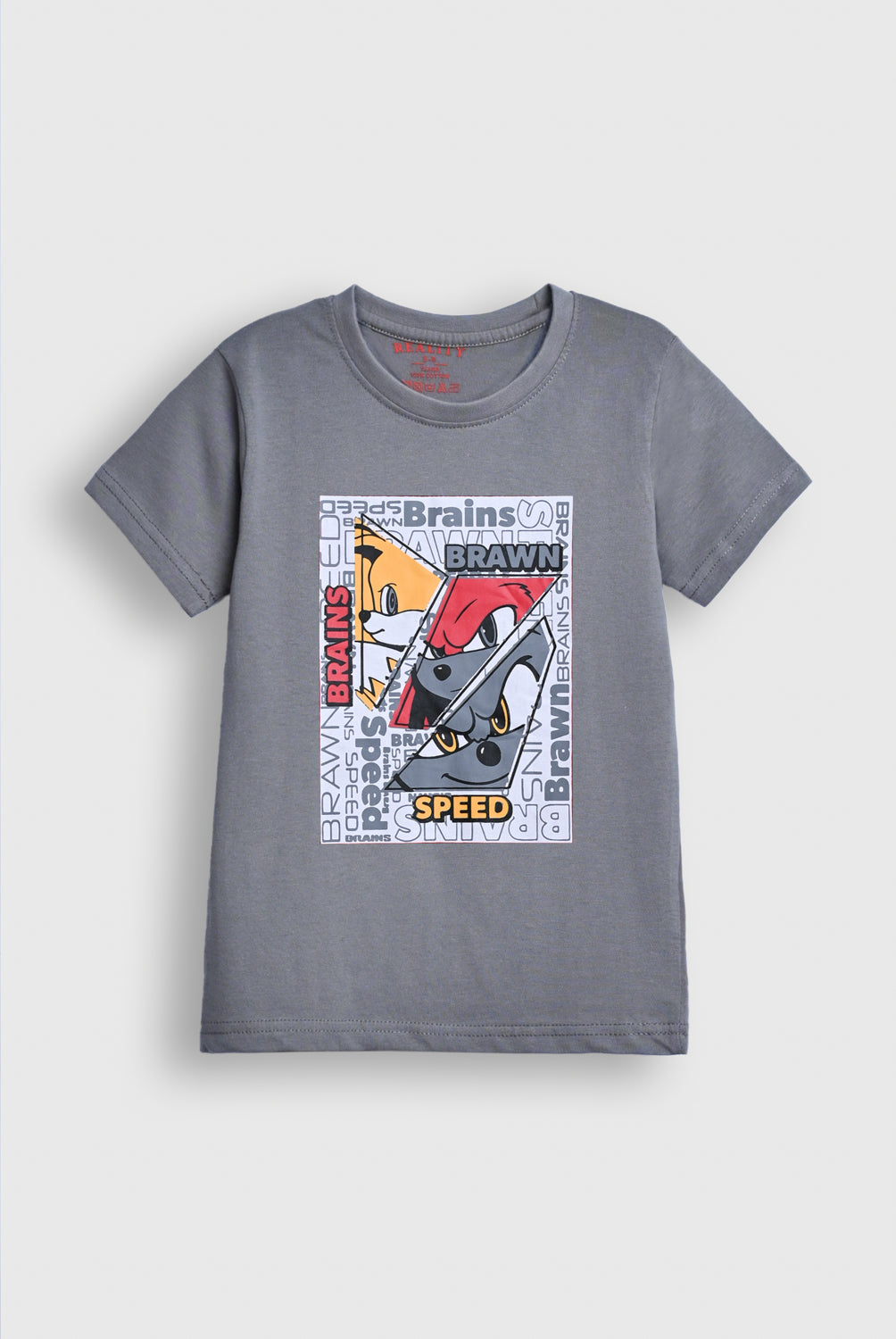 Boy Grey Graphic Tee Featuring Sonic Characters – Brains, Brawn & Speed Reality