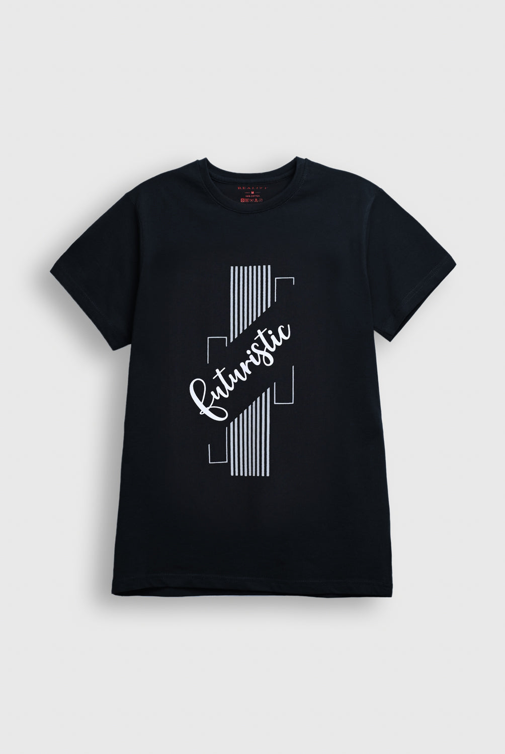 Men Black T-Shirt with 'Futuristic' Text and Geometric Graphic Design Reality