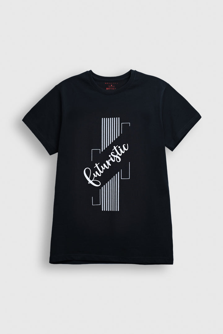 Men Black T-Shirt with 'Futuristic' Text and Geometric Graphic Design Reality