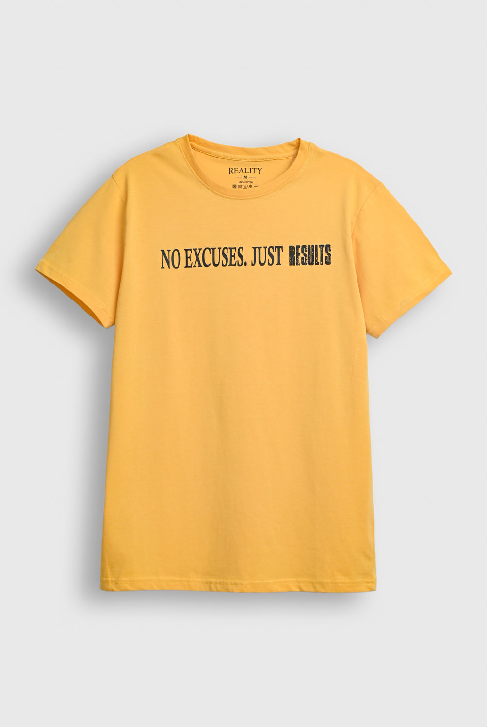 Men Yellow Motivational T-Shirt – 'No Excuses. Just Results' Slogan Print Reality
