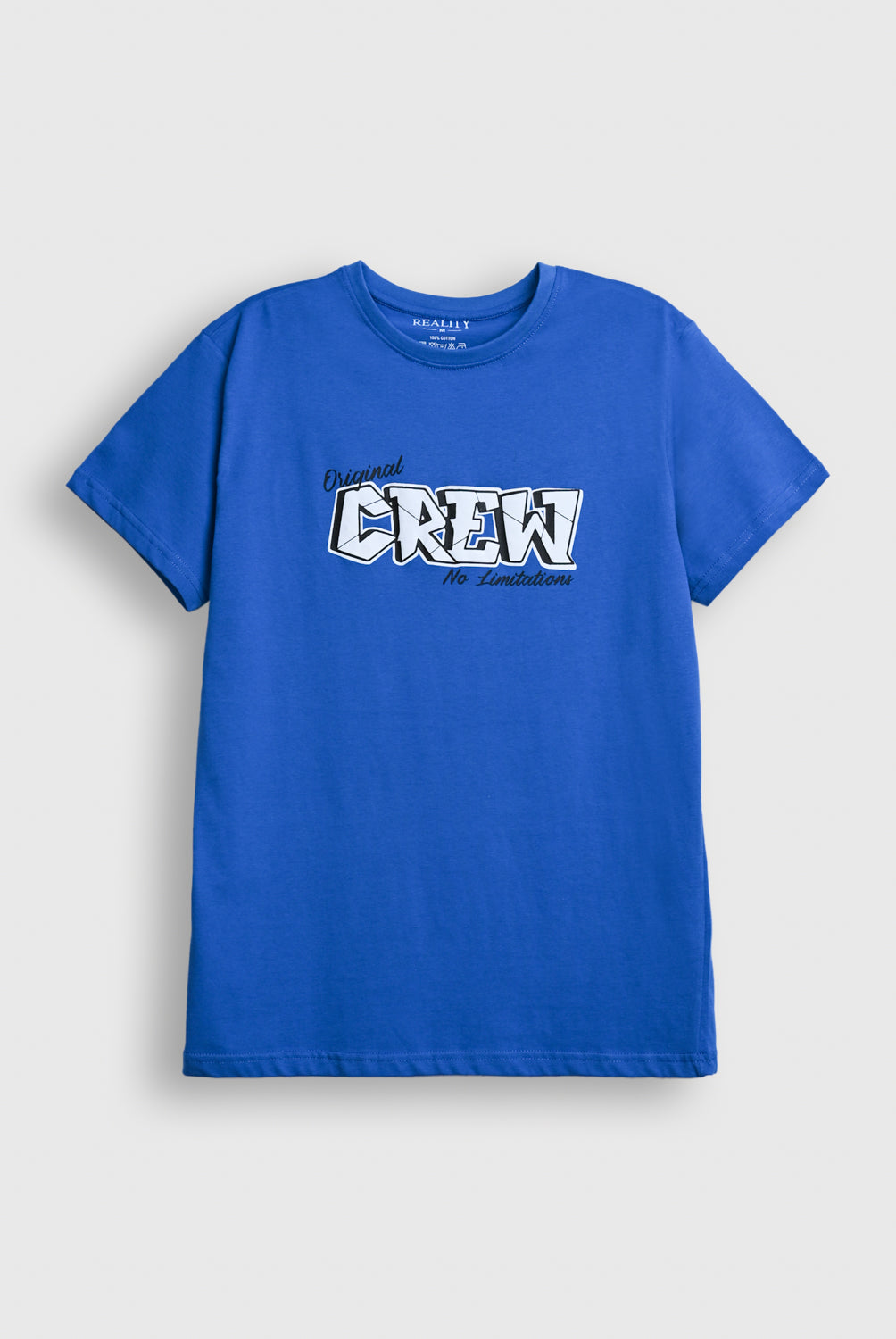 Men Blue Graphic T-Shirt – 'Original Crew, No Limitations' Street Style Print Reality
