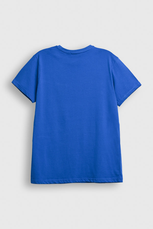 Men Blue Graphic T-Shirt – 'Original Crew, No Limitations' Street Style Print Reality